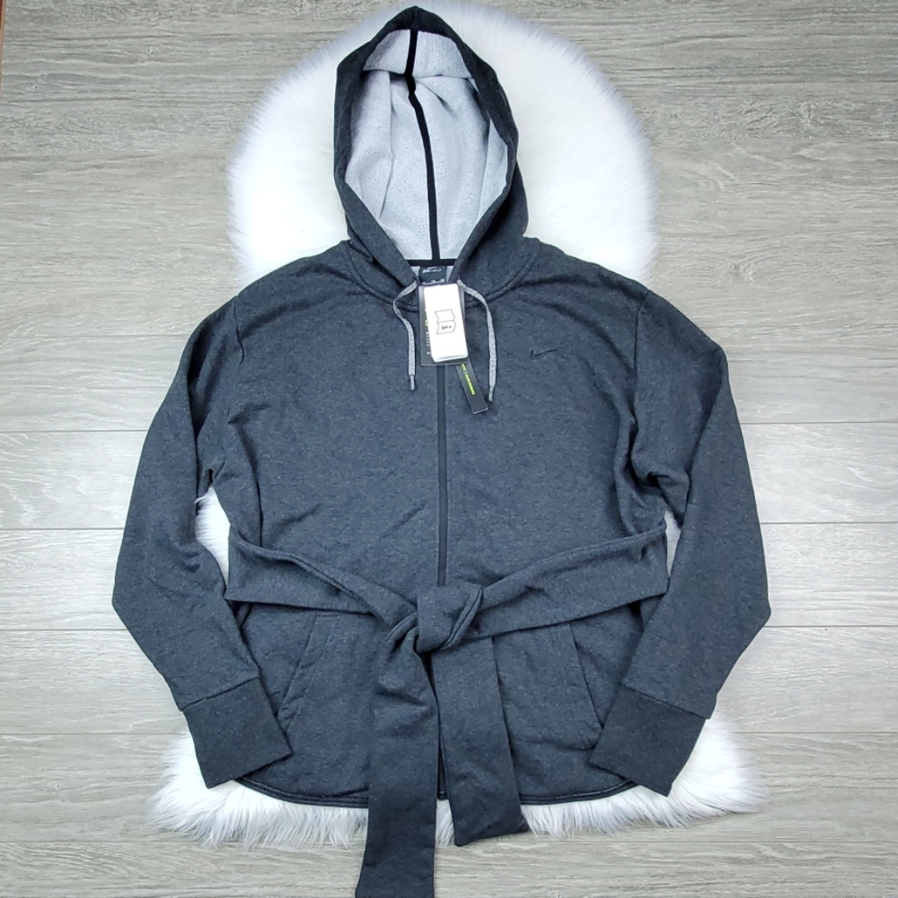 NWT Nike Grey Zip Up Hoodie Sweatshirt Tie Waist